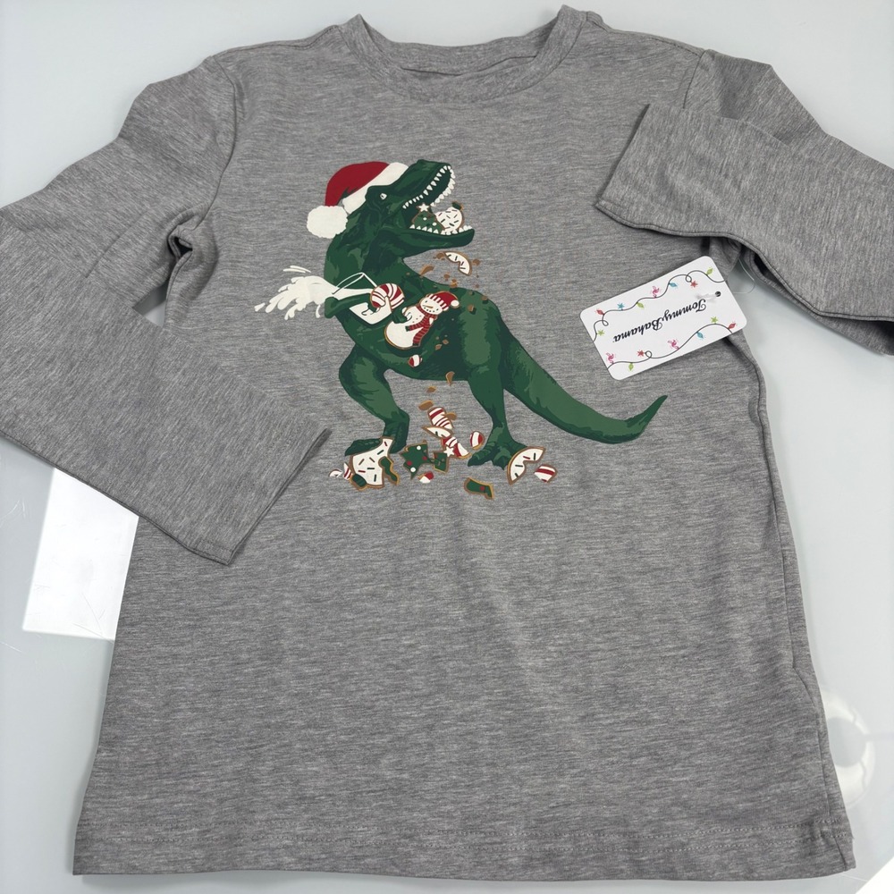 Tommy Bahama Boys S 5/6 Gray Shirt New Christmas T-Rex Dinosaur Long Sleeve